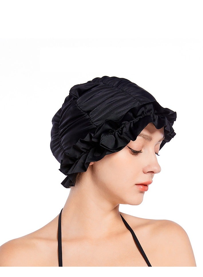 قبعة السباحة سريعة التجفيف مكشكشة حافة قبعة سباحة سوداء للنساء ذات الشعر الطويل - Image 1