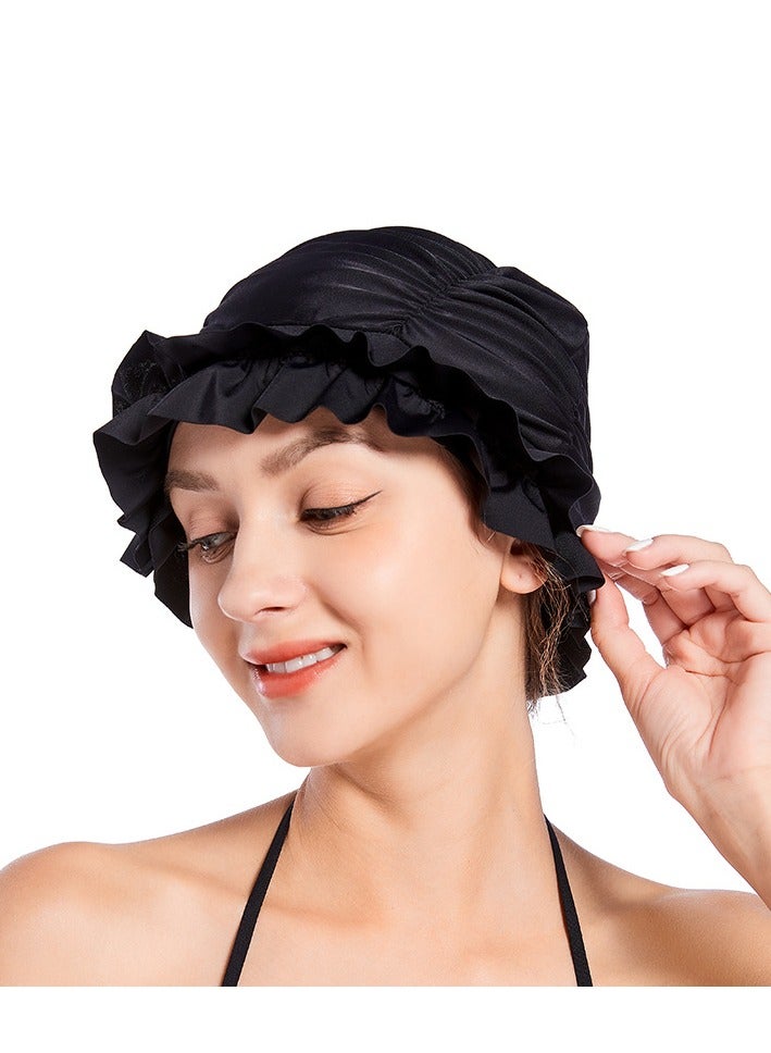 قبعة السباحة سريعة التجفيف مكشكشة حافة قبعة سباحة سوداء للنساء ذات الشعر الطويل - Image 2