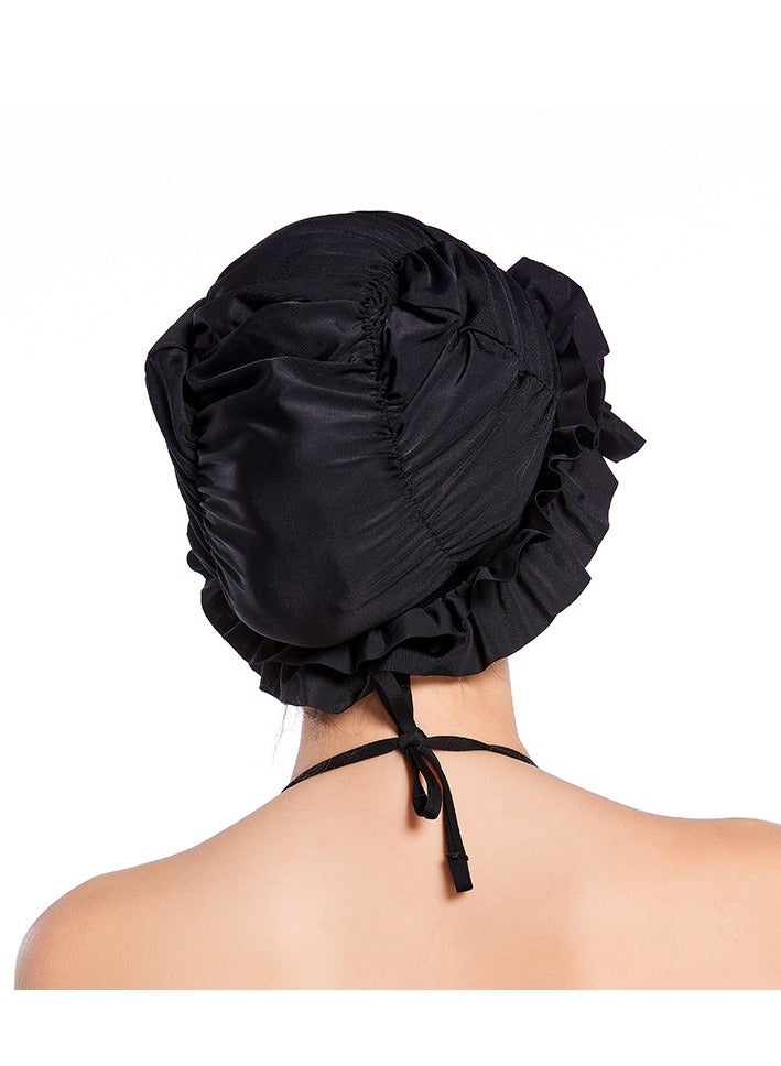 قبعة السباحة سريعة التجفيف مكشكشة حافة قبعة سباحة سوداء للنساء ذات الشعر الطويل - Image 3