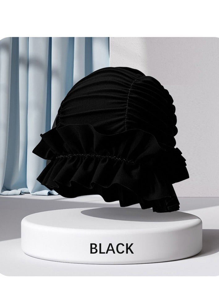 قبعة السباحة سريعة التجفيف مكشكشة حافة قبعة سباحة سوداء للنساء ذات الشعر الطويل - Image 4