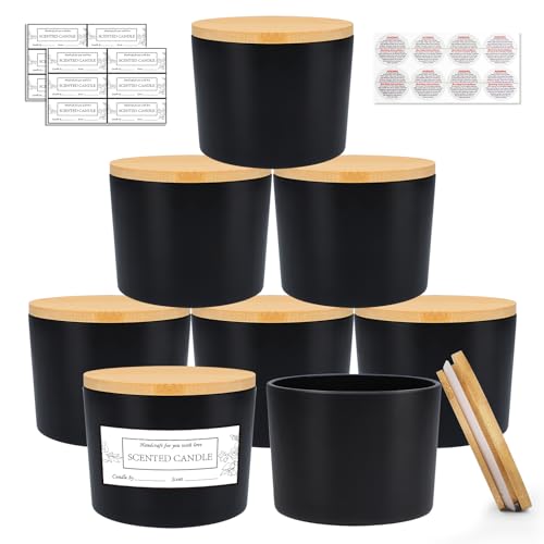 CONNOO 8 Pack 12 OZ Black Glass Wide Mouth Candle Jars for Making Candles with Airtight Bamboo Lids Nice Sticky Warning Labels for Candle Making Empty Container Bulk  Dishwasher Safe