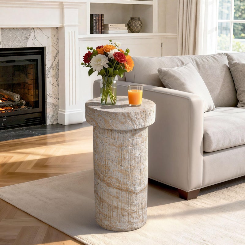 Ultym Side Table, 24" Pedestal End Table, 3-in-1 Durable Lightweight Round Coffee Table, Decorative Patio Accent Table Fluted Garden Stool Art Decor for Poolside, Balcony, Living Room, Beige - Image 2