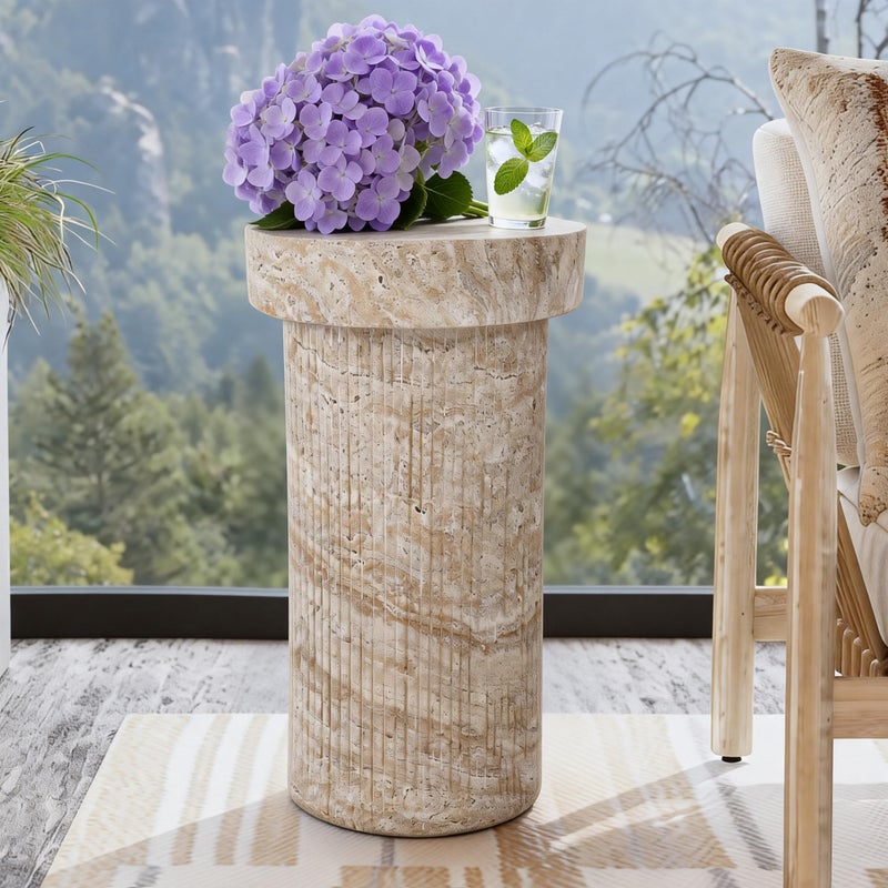 Ultym Side Table, 24" Pedestal End Table, 3-in-1 Durable Lightweight Round Coffee Table, Decorative Patio Accent Table Fluted Garden Stool Art Decor for Poolside, Balcony, Living Room, Beige - Image 1