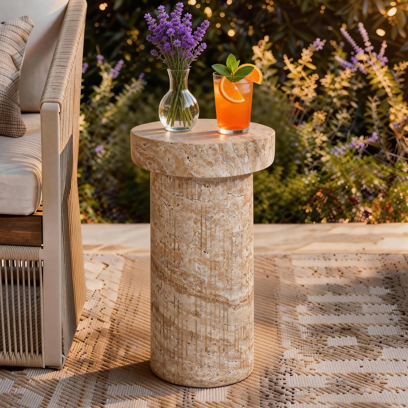Ultym Side Table, 24" Pedestal End Table, 3-in-1 Durable Lightweight Round Coffee Table, Decorative Patio Accent Table Fluted Garden Stool Art Decor for Poolside, Balcony, Living Room, Beige - Image 3