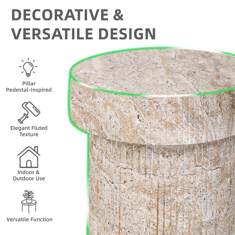 Ultym Side Table, 24" Pedestal End Table, 3-in-1 Durable Lightweight Round Coffee Table, Decorative Patio Accent Table Fluted Garden Stool Art Decor for Poolside, Balcony, Living Room, Beige - Image 4