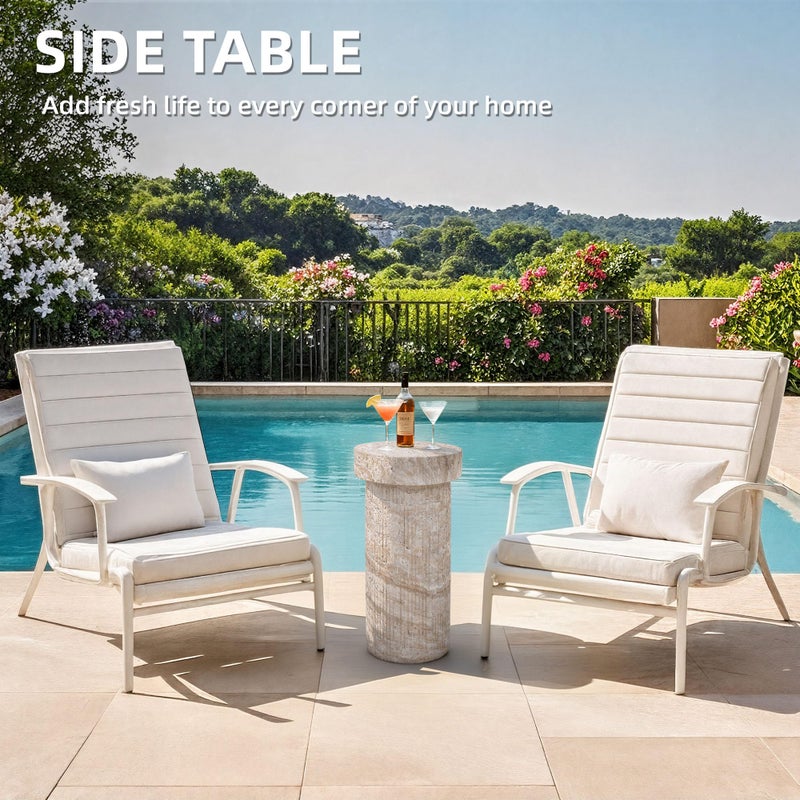 Ultym Side Table, 24" Pedestal End Table, 3-in-1 Durable Lightweight Round Coffee Table, Decorative Patio Accent Table Fluted Garden Stool Art Decor for Poolside, Balcony, Living Room, Beige - Image 5