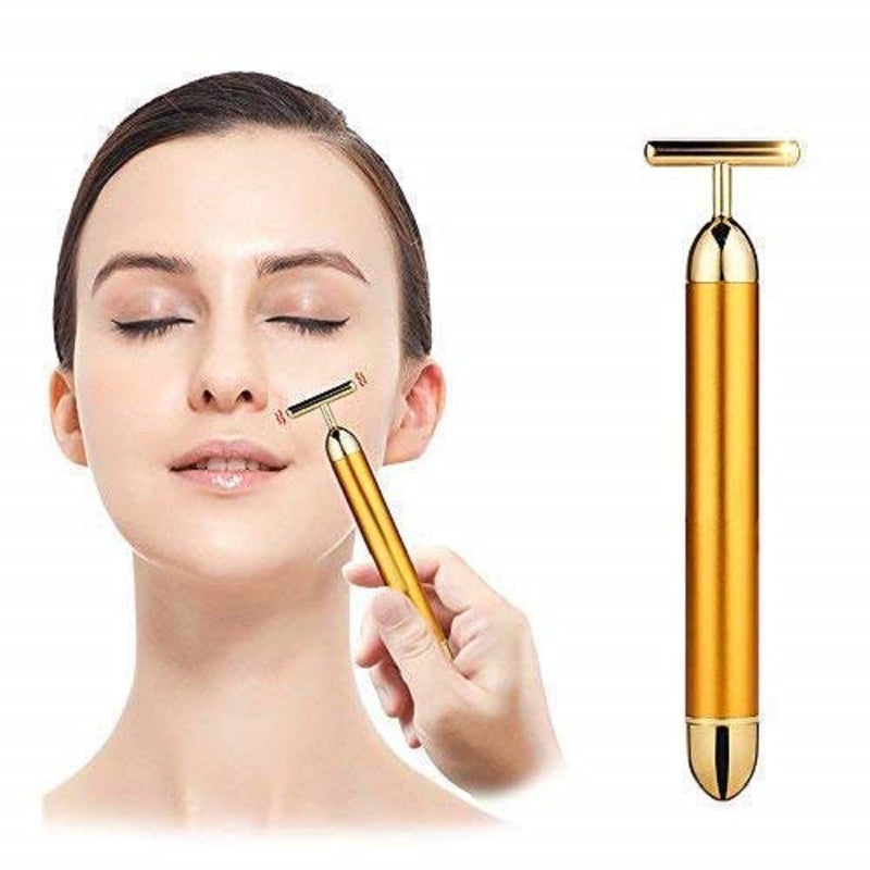 KPD 24K Gold Electric Vibration Energy Beauty Bar Facial Massage for Roller Waterproof Face Skin Care T-Shaped Anti Wrinkle Massager for Forehead, Cheek,Neck,Clavicle Arm Leg