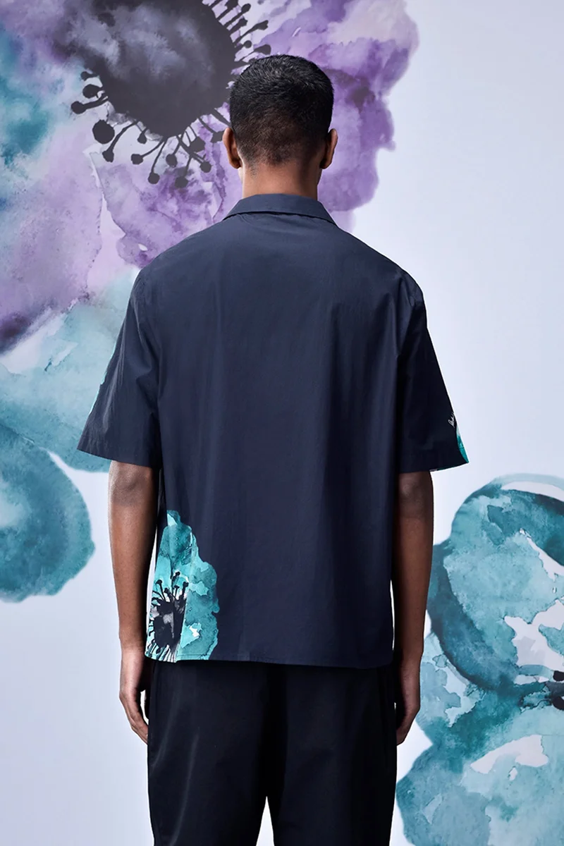 Genes Lecoanet Hemant Anemone Flower Relax Fit Cuban Shirt- Green