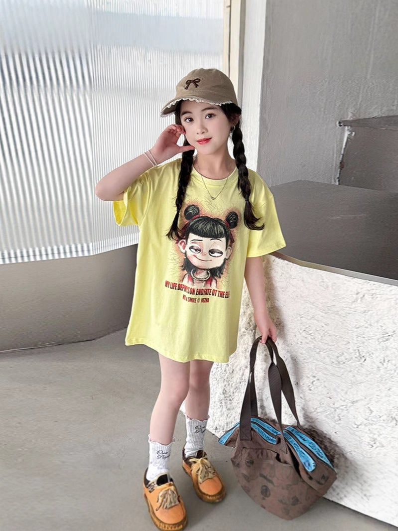 Girls' Short-Sleeved T-Shirt 2025 Style Big Boy Girls' Western Style Cartoon Top Children'S Long T-Shirt Trendy - Image 5