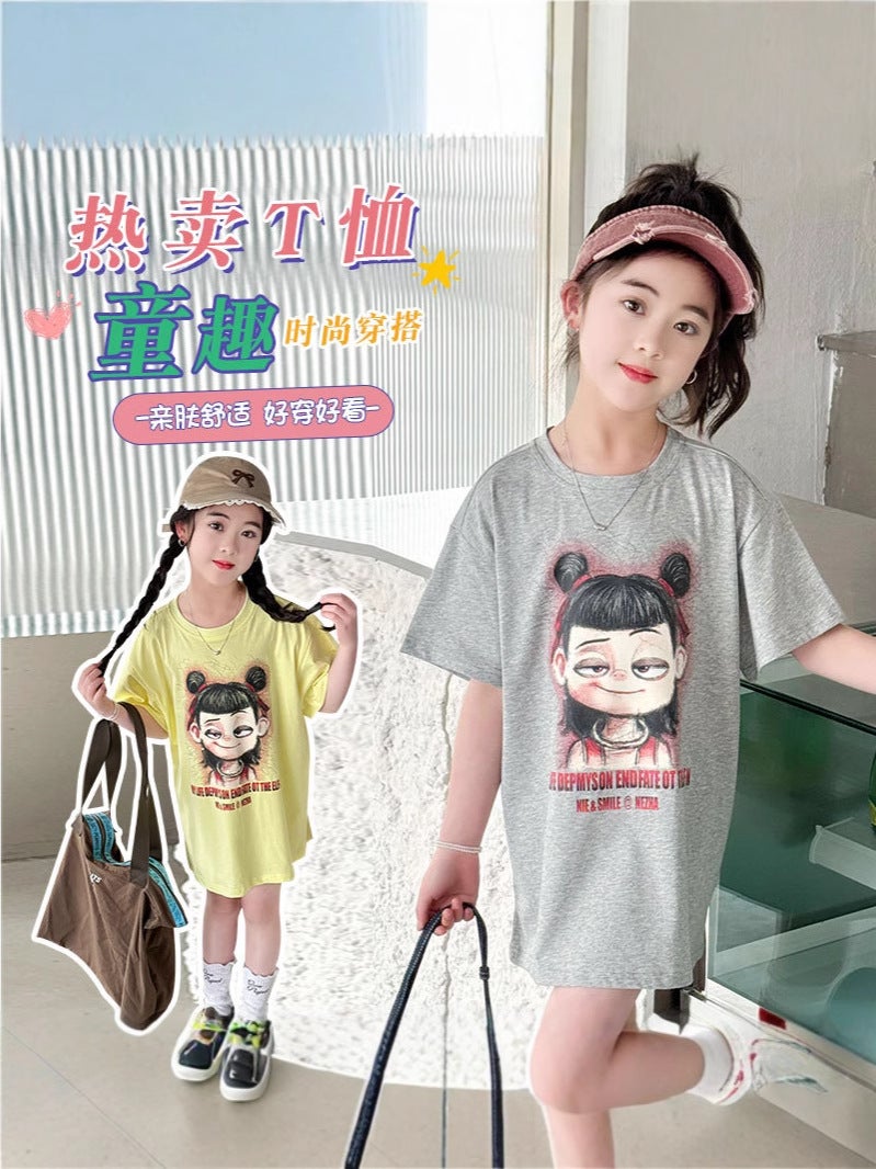 Girls' Short-Sleeved T-Shirt 2025 Style Big Boy Girls' Western Style Cartoon Top Children'S Long T-Shirt Trendy - Image 3