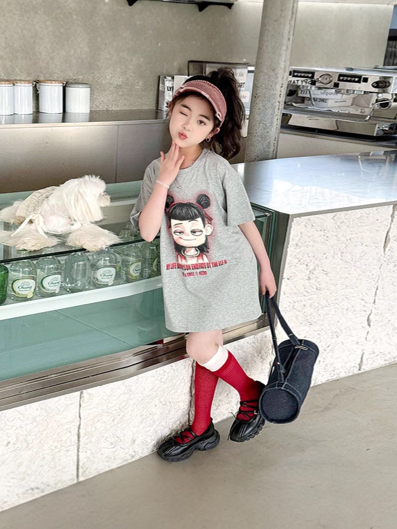 Girls' Short-Sleeved T-Shirt 2025 Style Big Boy Girls' Western Style Cartoon Top Children'S Long T-Shirt Trendy - Image 4
