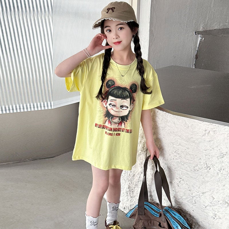 Girls' Short-Sleeved T-Shirt 2025 Style Big Boy Girls' Western Style Cartoon Top Children'S Long T-Shirt Trendy - Image 1