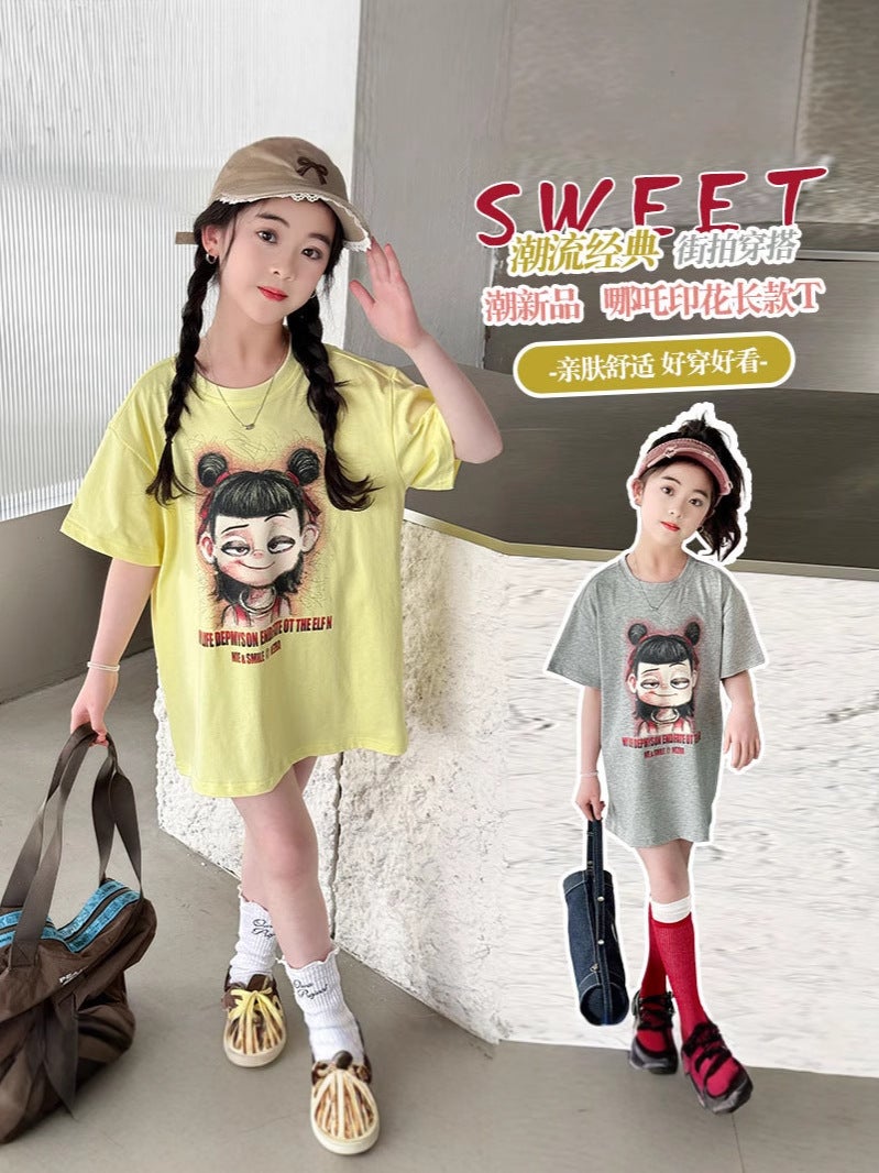 Girls' Short-Sleeved T-Shirt 2025 Style Big Boy Girls' Western Style Cartoon Top Children'S Long T-Shirt Trendy - Image 2