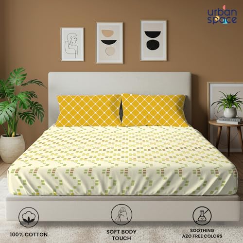 Urban Space 144 TC Divine 100% Cotton Bedsheet for King Bed, Cotton Bedsheet with 2 Pillow Covers (Size 108 x 108 inches, Zen Blocks Yellow, King Size) - Image 2