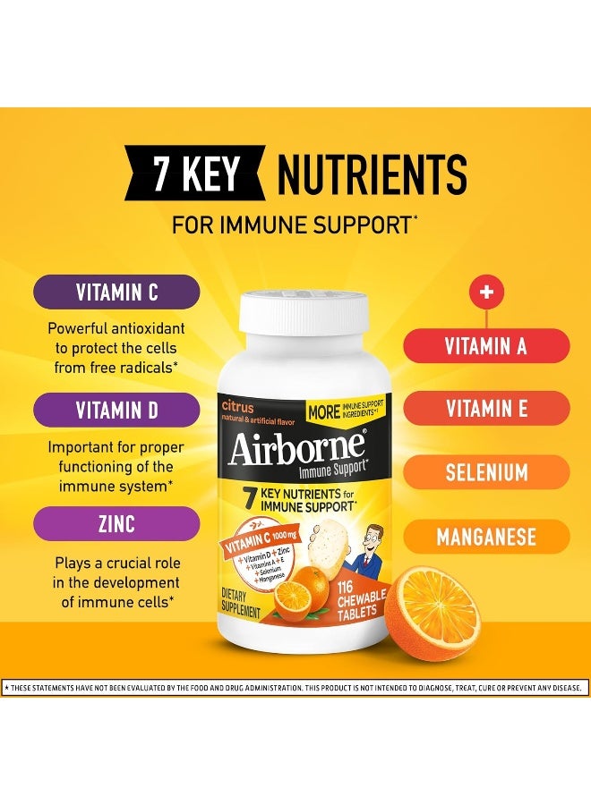 Airborne 1000mg Vitamin C Chewable Tablets with Zinc, Immune Support Supplement with Powerful Antioxidants Vitamins A C & E - (116 count bottle), Citrus Flavor, Gluten-Free - Image 3