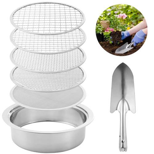 Lnrueg Soil Sifter Stainless Steel Riddle Sieve Set for Gardening with 5 Sizes 8" Diameter 1/3/6/9/12mm Interchangeable Meshes - Garden Potting Sieves with Shovel - Planting Soil Sifters Strains - Image 2
