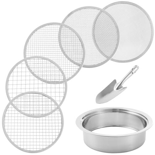 Lnrueg Soil Sifter Stainless Steel Riddle Sieve Set for Gardening with 5 Sizes 8" Diameter 1/3/6/9/12mm Interchangeable Meshes - Garden Potting Sieves with Shovel - Planting Soil Sifters Strains - Image 1