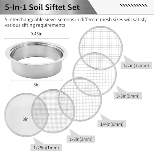 Lnrueg Soil Sifter Stainless Steel Riddle Sieve Set for Gardening with 5 Sizes 8" Diameter 1/3/6/9/12mm Interchangeable Meshes - Garden Potting Sieves with Shovel - Planting Soil Sifters Strains - Image 3