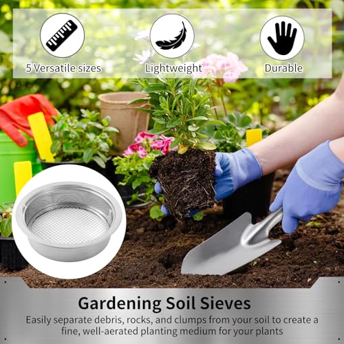 Lnrueg Soil Sifter Stainless Steel Riddle Sieve Set for Gardening with 5 Sizes 8" Diameter 1/3/6/9/12mm Interchangeable Meshes - Garden Potting Sieves with Shovel - Planting Soil Sifters Strains - Image 4