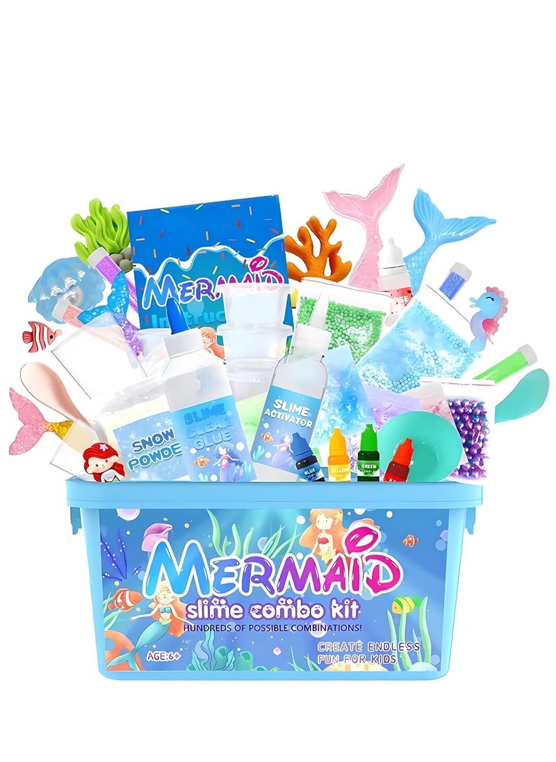 Mermaid Slime Kit for Kids - Stress Relief Toy Slime Making Kit for Girls Boys, Kids Art Craft, Crystal Clear Slime, Glitter, Fruit Slices, Fishbowl Beads Girls Fidget Toys Gifts for Kids (Mermaid)  - Image 1
