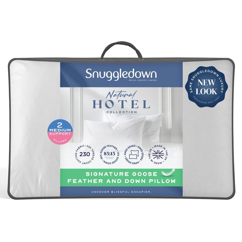 Snuggledown Luxury Goose Feather  Down Pillows 2 Pack  Ethically Sourced 8515 Blend Medium Support Bed Pillow for Back Sleepers  UKMade Cotton Cover Washable 48 x 74cm
