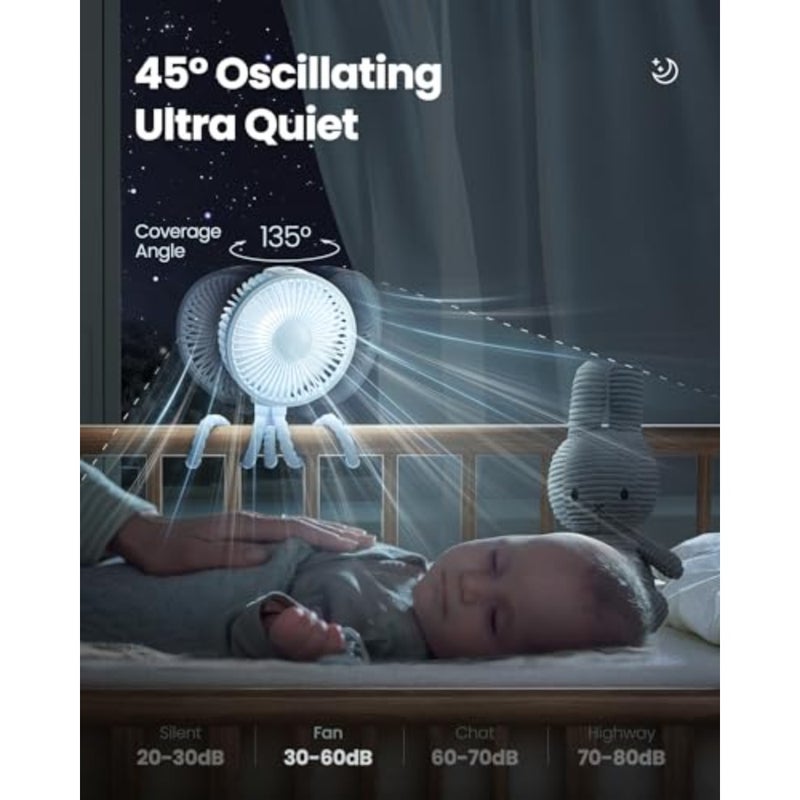 Oscillating Baby Stroller Fan with LED Night Light, 4 Speeds Cooling Rechargeable 360° Rotate Clip On, Battery Operated Small Portable Fans for Car Seat Crib Treadmill Travel - Image 2