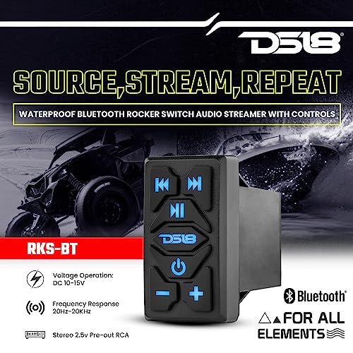 DS18 RKSBT Waterproof Bluetooth Marine Rocker Switch Audio Streamer with Controls Builtin Wireless BT Audio Receiver Stereo 25v PreOut RCA Universal Rocker Switch Mount - Image 3
