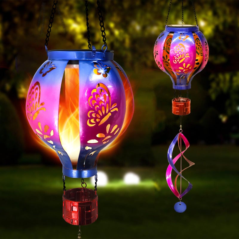 SUNNYPARK Hot Air Balloon Solar Lantern Butterfly Wind Spinners with Flickering Flame Light Hanging Solar Lantern Outdoor Waterproof Decorations for Outside Patio Garden Yard - Image 2