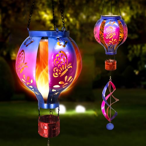 SUNNYPARK Hot Air Balloon Solar Lantern Butterfly Wind Spinners with Flickering Flame Light Hanging Solar Lantern Outdoor Waterproof Decorations for Outside Patio Garden Yard - Image 1