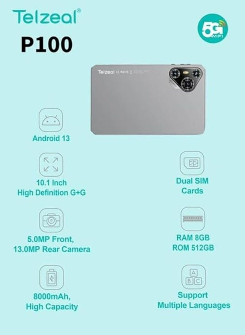 تلزيل تابلت P100 بشاشة 10.1 بوصة، يعمل بنظام أندرويد 13، مع شبكة واي فاي 5G، وشريحتي اتصال، وذاكرة وصول عشوائي (RAM) سعة 8 جيجابايت، وذاكرة قراءة فقط (ROM) سعة 512 جيجابايت، وبطارية عالية السعة 8000 مللي أمبير/ساعة، ولوحة مفاتيح وماوس لاسلكيين - رمادي - Image 3