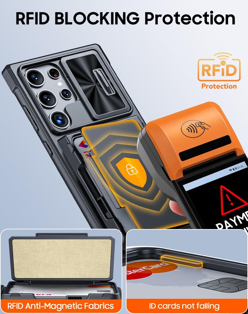 Vizvera حافظة فيزفيرا لهاتف سامسونج جالكسي S24 ألترا، حافظة بطاقات RFID وغطاء كاميرا وحامل للنساء والرجال، حافظة سيليكون صلبة مضادة للصدمات للجسم الكامل لهاتف S24 ألترا 6.8" 2024 فقط - أسود - Image 3