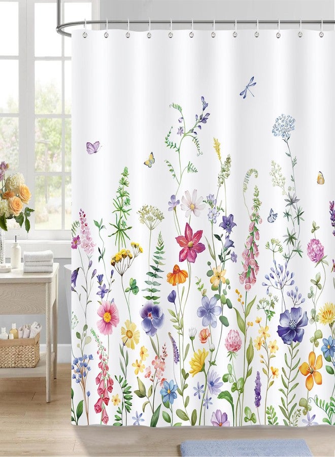 Bonhause Floral Shower Curtain, Watercolor Flower Butterfly Plants Spring Summer Bathroom Decor 72 x 72 Inch Polyester Fabric Waterproof Bath Curtain with 12 Hooks - Image 1