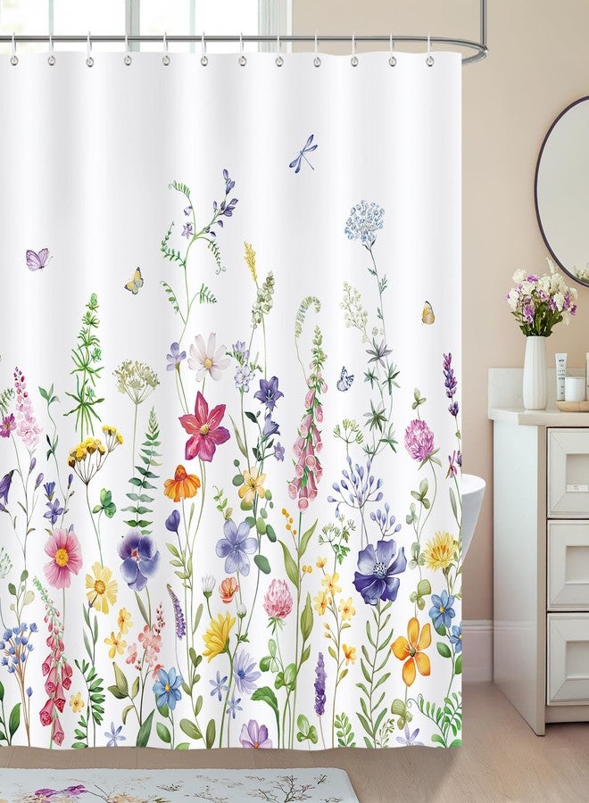 Bonhause Floral Shower Curtain, Watercolor Flower Butterfly Plants Spring Summer Bathroom Decor 72 x 72 Inch Polyester Fabric Waterproof Bath Curtain with 12 Hooks - Image 2