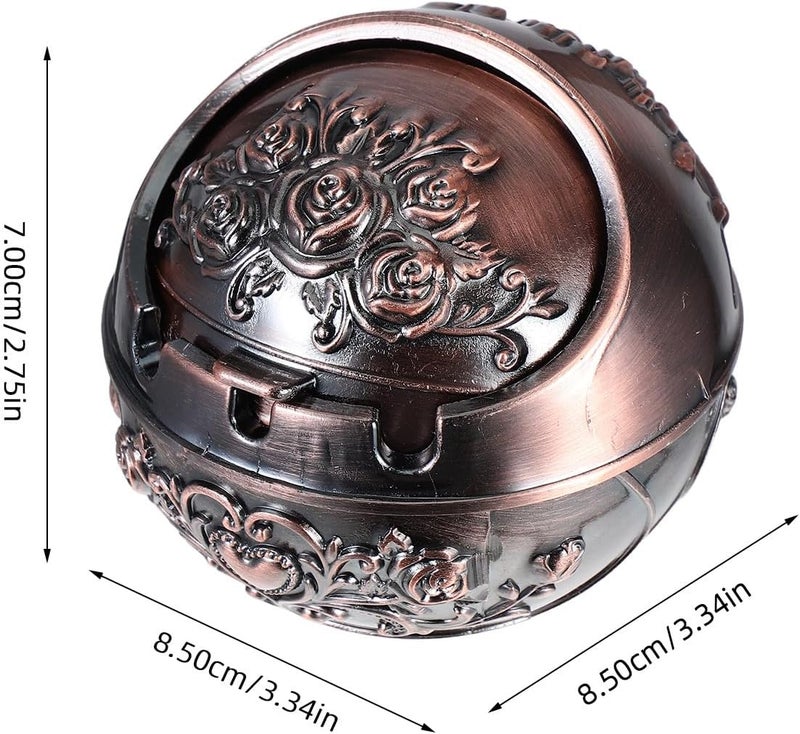 Creative Small Metal Ashtray with Lid, Anti-drop round Decorative Ash Tray for Home, Outdoor Patio, and Living Room Use, Portable Copper Rose Design - Image 2