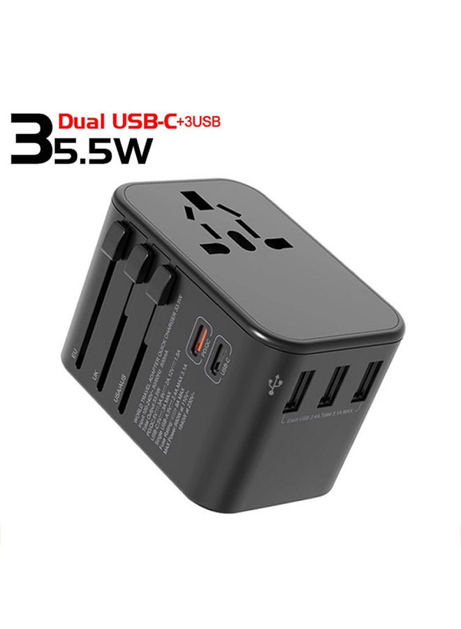 OFFBEAT ACE 35.5W PD Travel Adapter, QC 3.0 Universal Adapter, International Travel Adapter with 20W PD Dual Type-C, Universal Adapter Plug with 3 Fast USB Ports for USA, UK/UAE/KSA/Oman and EU/India Full Black - Image 1