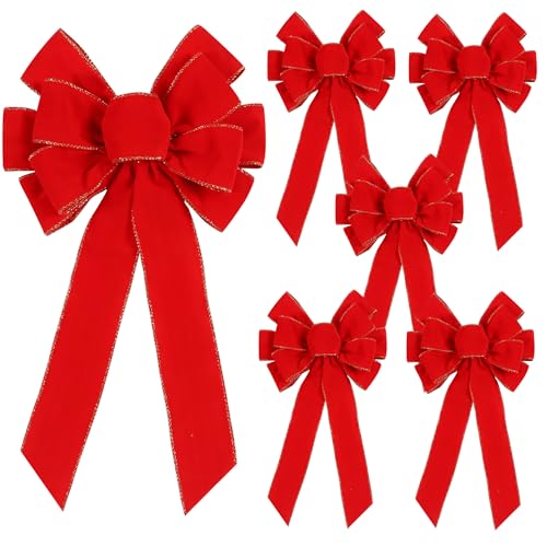 Yuubin 6 Pcs Red Christmas Bows Outdoor Decorations12x20 Large Velvet Wreath Bow with Glitter String Gold Edge for Xmas Tree Topper Home Front Door Decor - Image 1