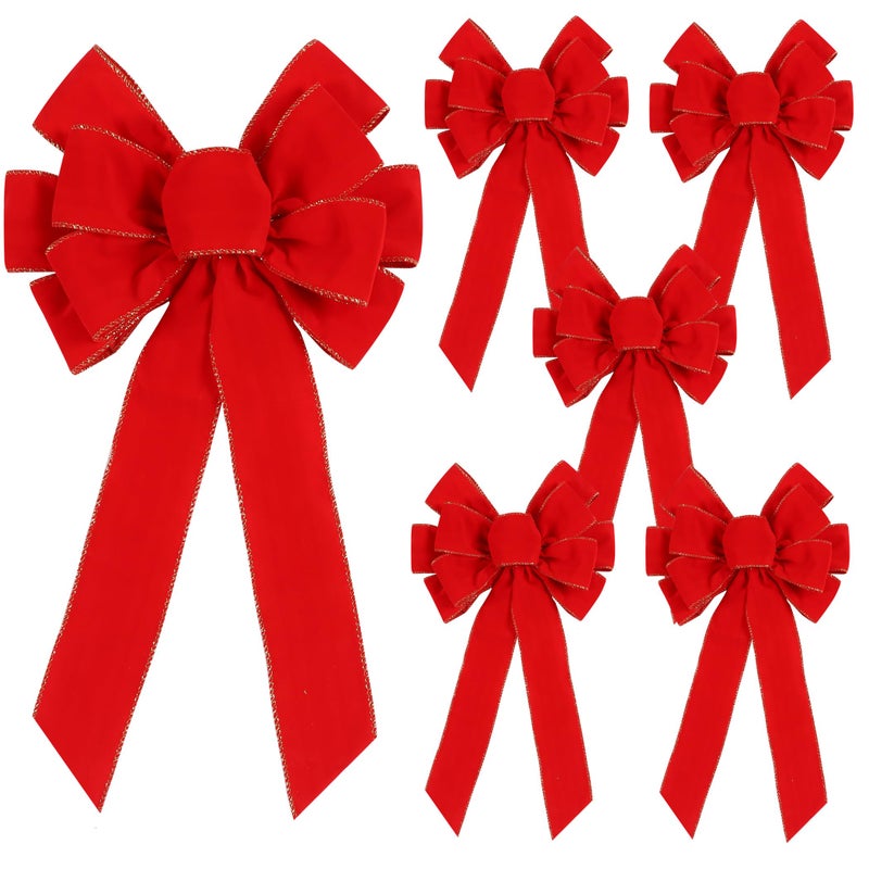 Yuubin 6 Pcs Red Christmas Bows Outdoor Decorations12x20 Large Velvet Wreath Bow with Glitter String Gold Edge for Xmas Tree Topper Home Front Door Decor - Image 2