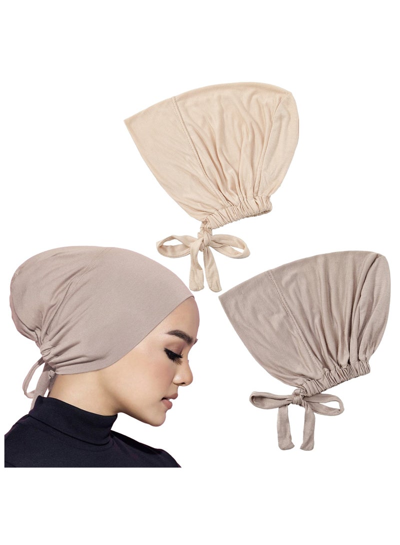 غطاء رأس إسلامي بحجاب نسائي تحت الغطاء مع إغلاق برباط من الخلف، 2 قطعة، وشاح رأس إسلامي، بيج كاكي - Image 1