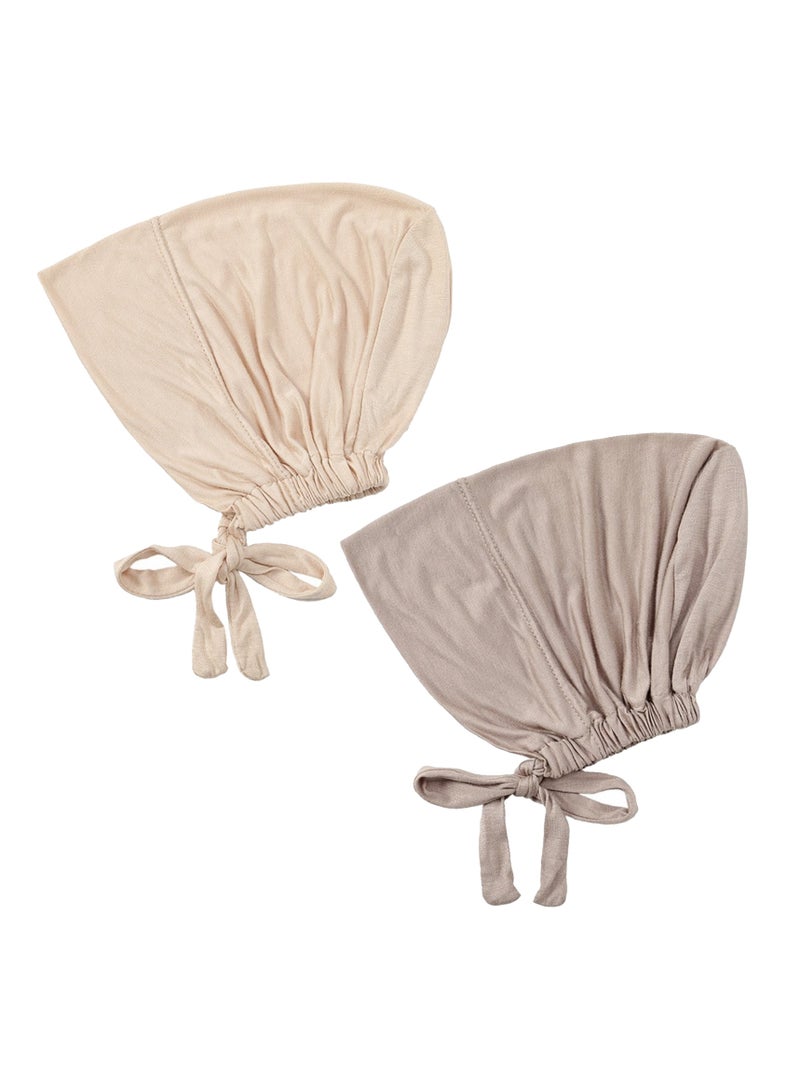 غطاء رأس إسلامي بحجاب نسائي تحت الغطاء مع إغلاق برباط من الخلف، 2 قطعة، وشاح رأس إسلامي، بيج كاكي - Image 4