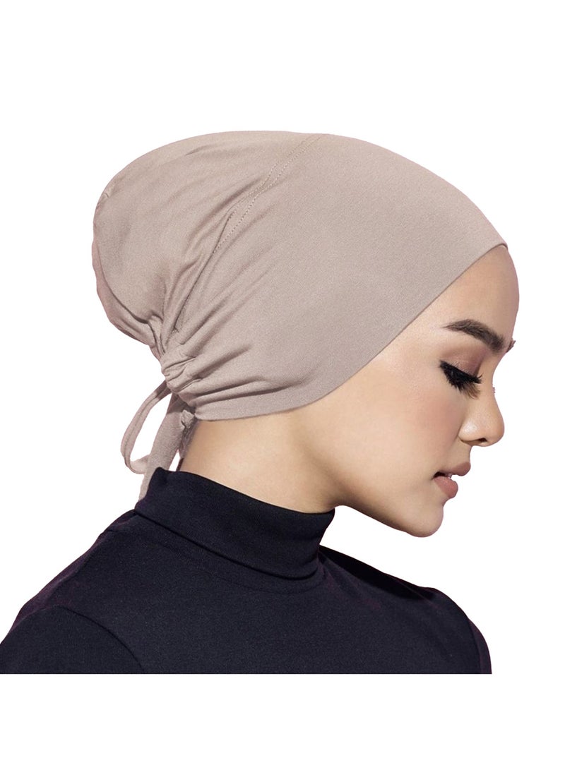 غطاء رأس إسلامي بحجاب نسائي تحت الغطاء مع إغلاق برباط من الخلف، 2 قطعة، وشاح رأس إسلامي، بيج كاكي - Image 5