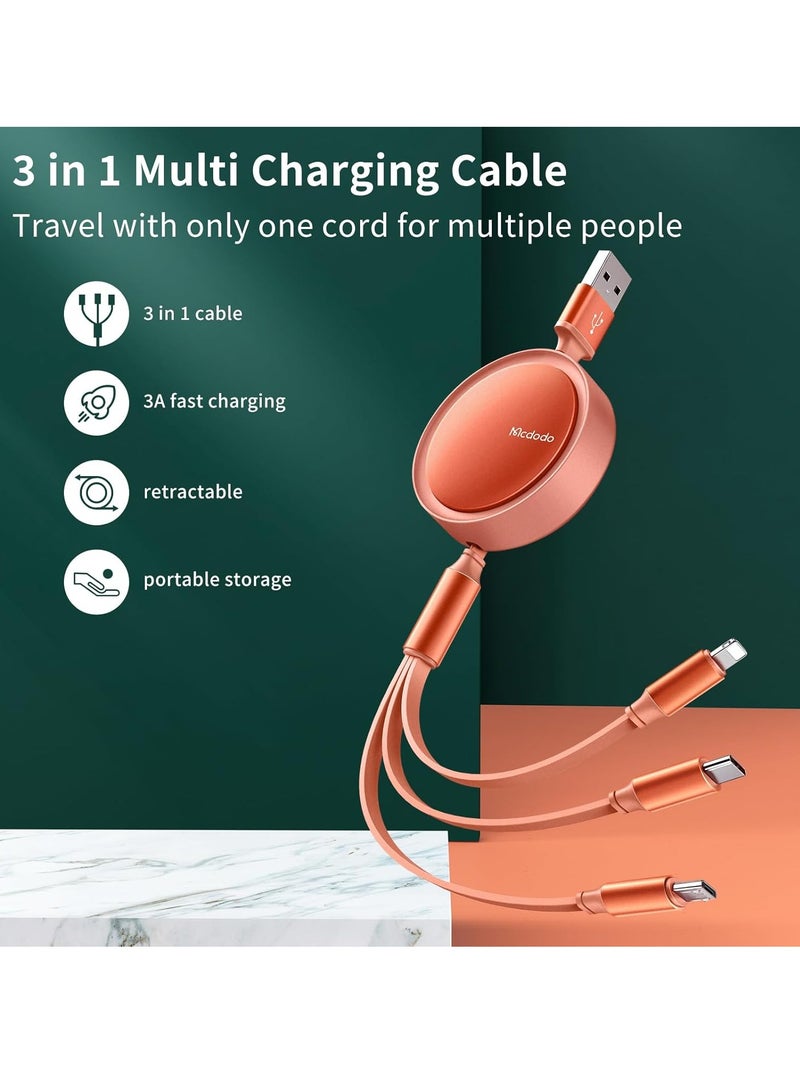 Mcdodo Multi Charging Cable - 3 in 1 Retractable USB C Cable (3A) with Type C/USB A/iP for iOS/iPad/Samsung/Tablets (Orange) - Image 2