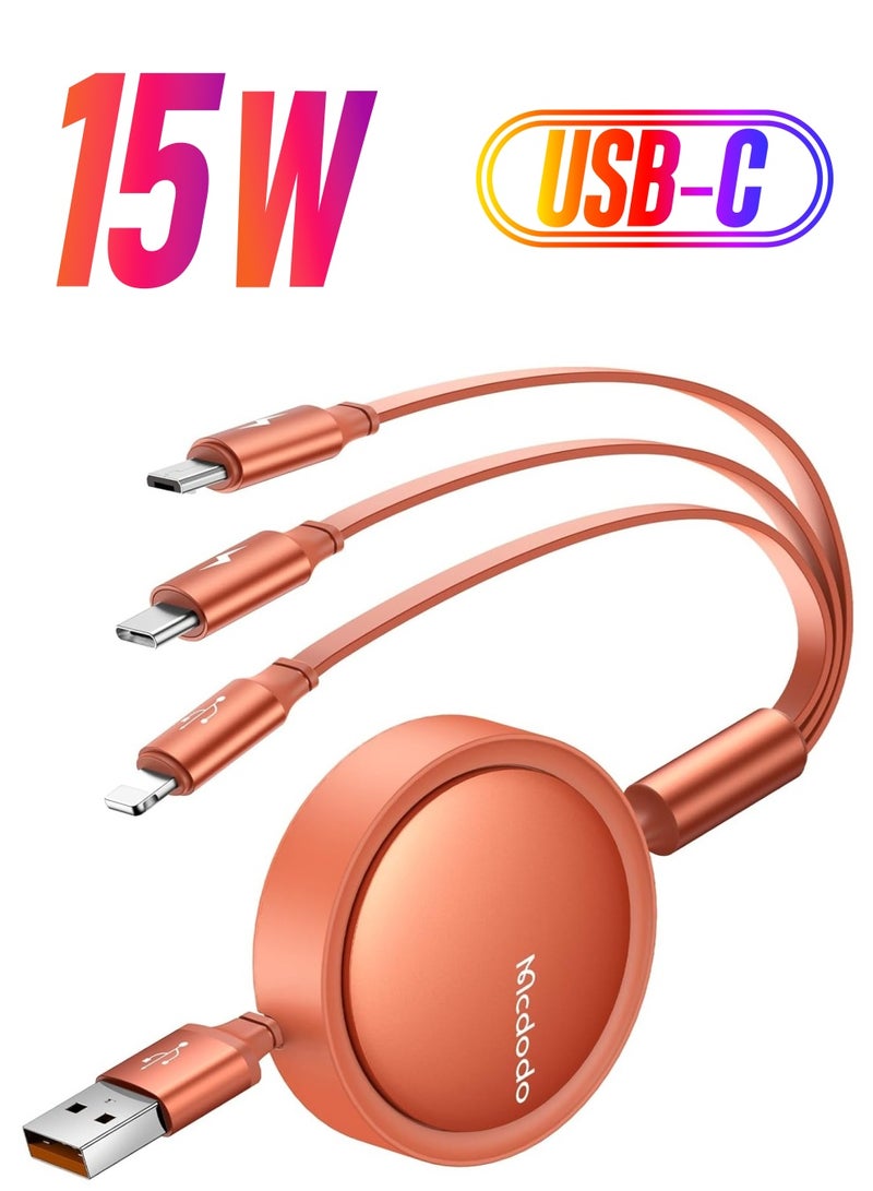 Mcdodo Multi Charging Cable - 3 in 1 Retractable USB C Cable (3A) with Type C/USB A/iP for iOS/iPad/Samsung/Tablets (Orange) - Image 1