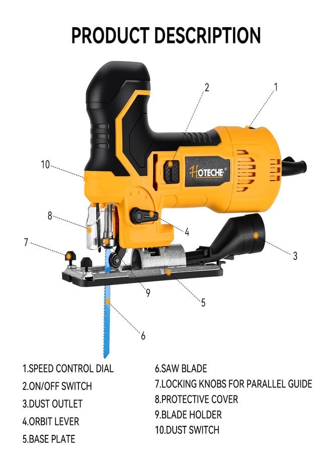 Hoteche 6.5-Amp Jig Saw Corded 6 Vriable Speed Jigsaw with LED Light and 2Pcs of Blades - Image 2