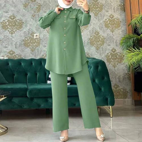 ODIZLI Muslim Clothes For Women 2 Piece Set Abaya Turkey Kaftan Casual Long Sleeve Ethnic Shirts Modest Tops Islamic Pants Prayer Dress for Eid Muslim Dress For Women Light Green Button Down Shirt XXL - Image 3