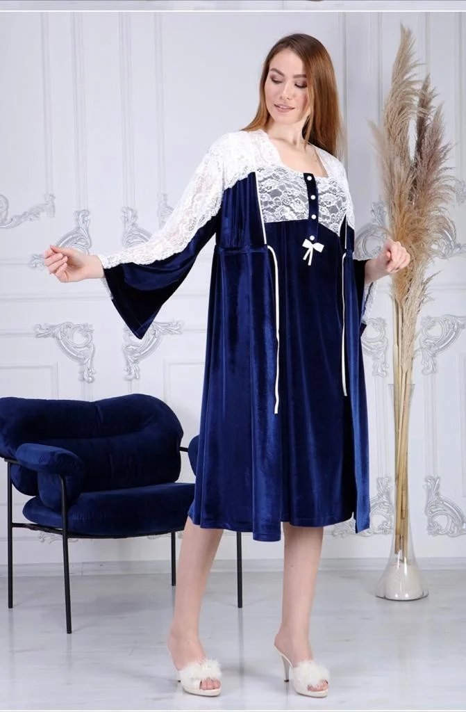 دوشيس 7008 Navy Blue Velvet Pregnant Maternity Nightgown Dressing Gown Set