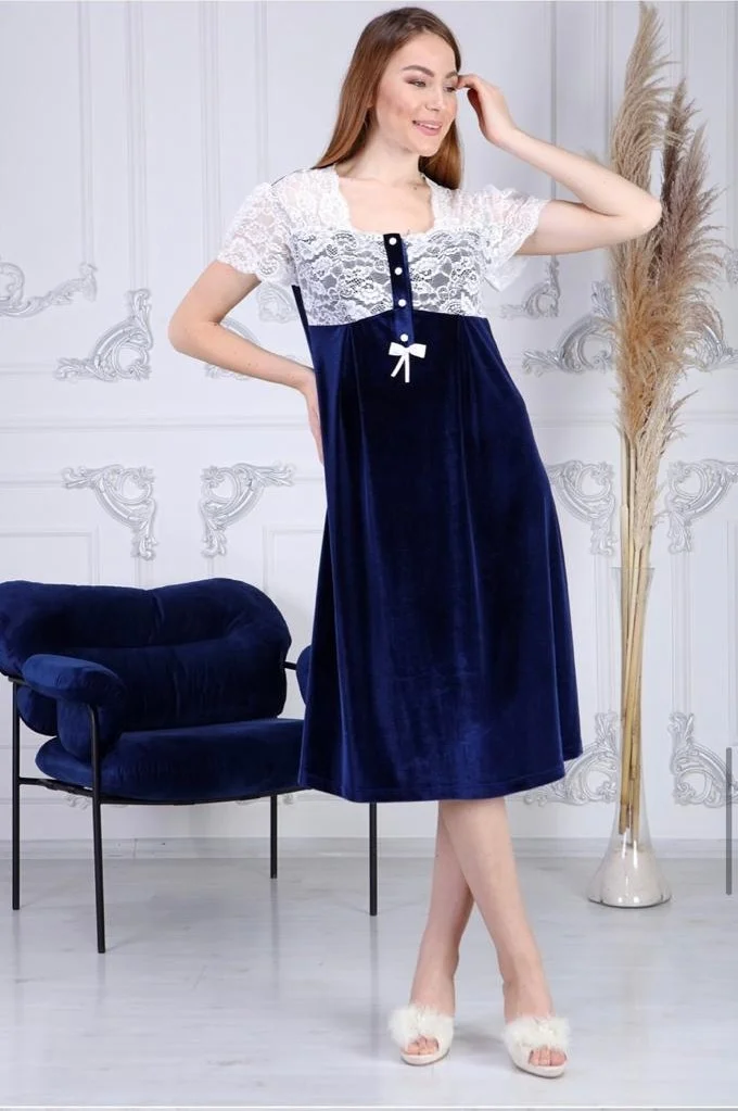 دوشيس 7008 Navy Blue Velvet Pregnant Maternity Nightgown Dressing Gown Set