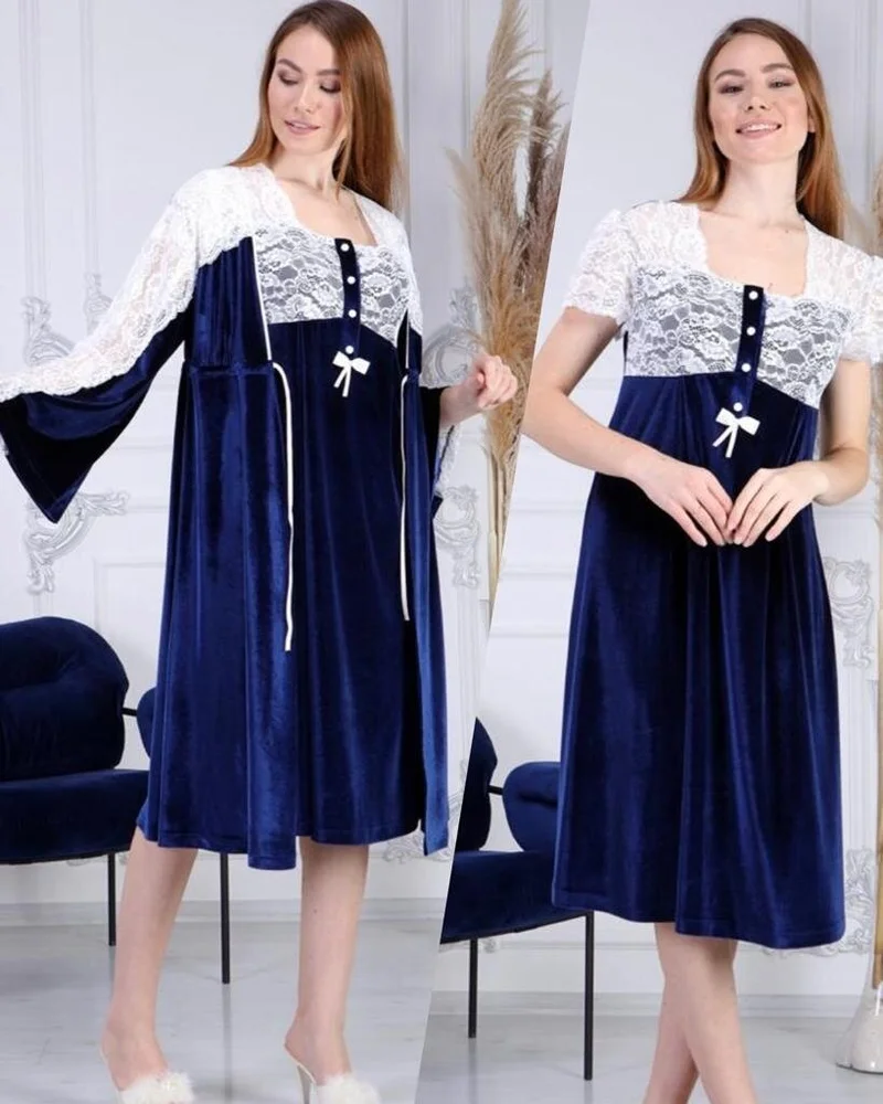 دوشيس 7008 Navy Blue Velvet Pregnant Maternity Nightgown Dressing Gown Set
