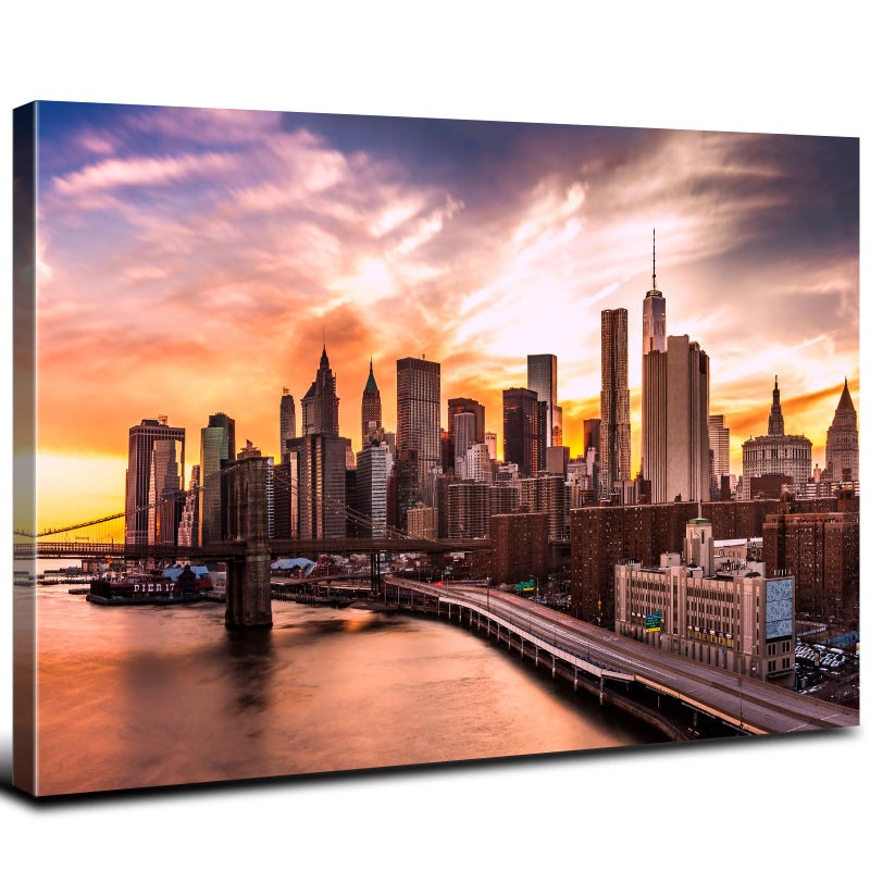 YOOOAHU New York City Wall Art Bedroom Brooklyn Bridge Cityscape Skyline Wall Decor Modern Canvas Prints for Office NYC Downtown Sunset Pictures Skyscraper Panoramic Artwork Living Room Home Decoration 12x16 - Image 1