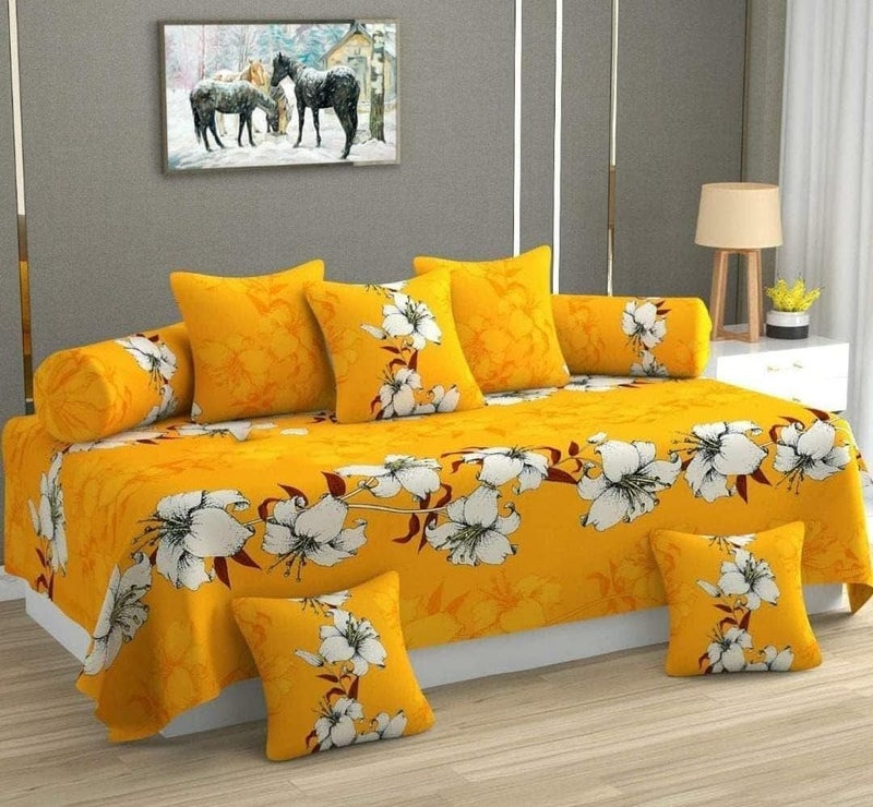 CLIDE+ Diwan Cover Glace Cotton Premium Cloth Quality Designer Printed 8 Pieces Standard Diwan Set (1 Single Bedsheet, 2 Bolster Covers, 5 Cushion Covers) (DIWAN - 29) - Image 1