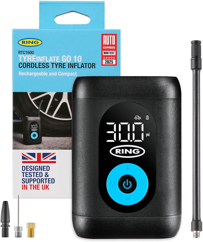 RING TYREINFLATE GO 10 Cordless Tyre Inflator with Adaptor Kit - Image 1